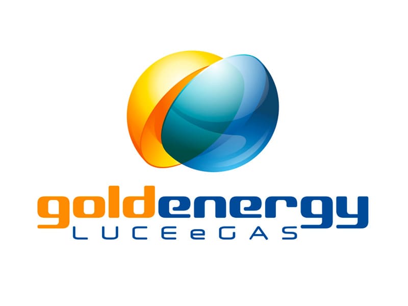 Logo di Golden Energy "Luce e Gas" con sfera oro e blu.