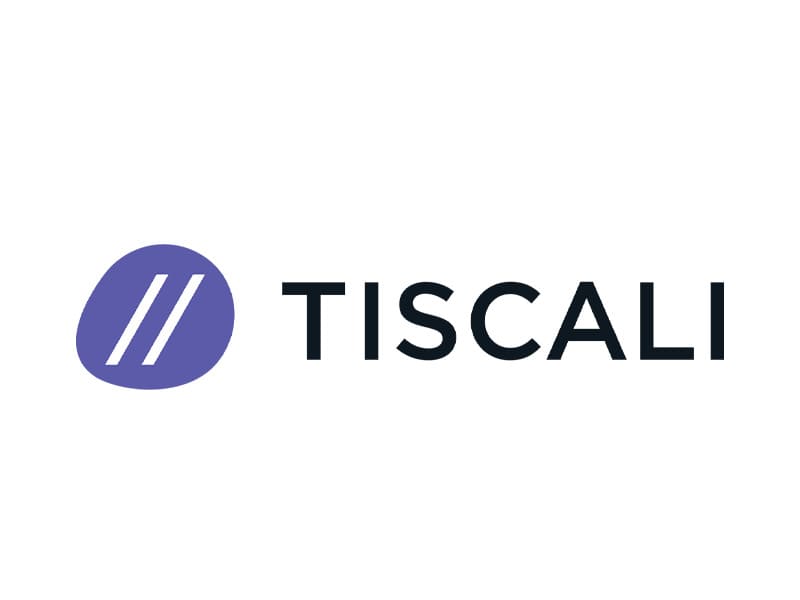 Logo Tiscali con sfera viola e due barre bianche inclinate, seguite dal nome.